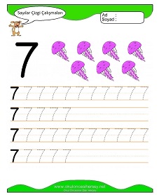 7 Rakamı Çizgi Çalışmaları Çalışma Sayfaları